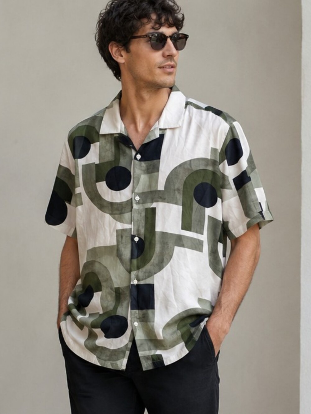 Denim & Flower Men's Short-Sleeve Geo Print Button-Down — White & Olive